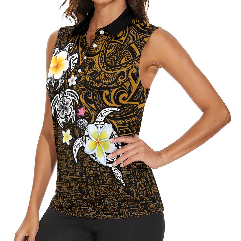 Hawaiian Turtle and Plumeria Women Sleeveless Polo Shirt Polynesian Tattoo and Tribal Elements Pattern Orange Color LT03 - Polynesian Pride