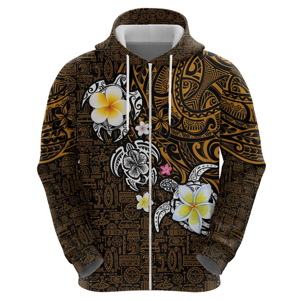 Hawaiian Turtle and Plumeria Zip Hoodie Polynesian Tattoo and Tribal Elements Pattern Orange Color