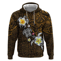Hawaiian Turtle and Plumeria Zip Hoodie Polynesian Tattoo and Tribal Elements Pattern Orange Color