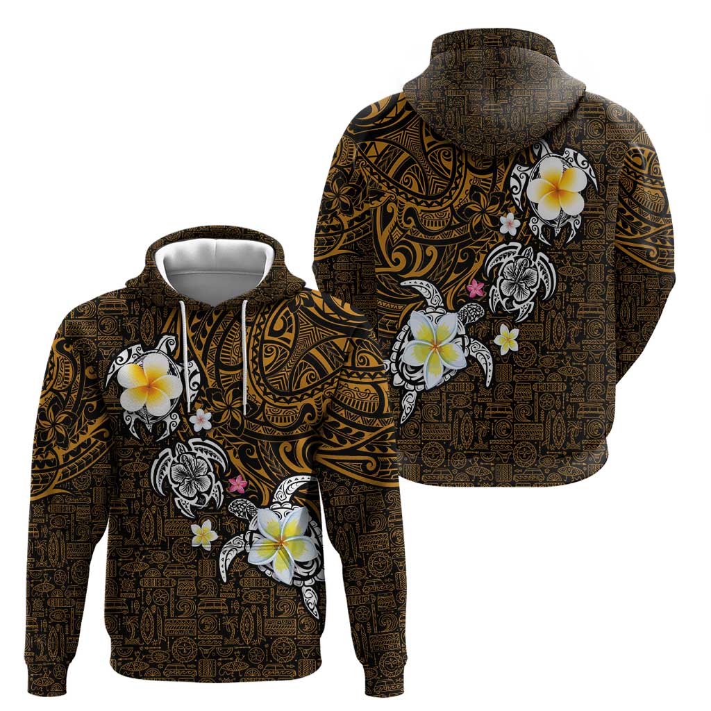 Hawaiian Turtle and Plumeria Zip Hoodie Polynesian Tattoo and Tribal Elements Pattern Orange Color