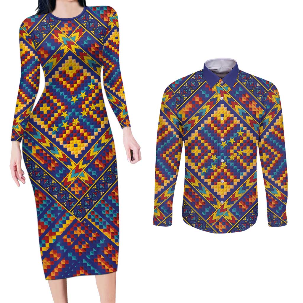 Kolose-Tuvalu Crochet Couples Matching Long Sleeve Bodycon Dress and Long Sleeve Button Shirt with Polynesian and Pacific Tattoos LT03 Navy - Polynesian Pride