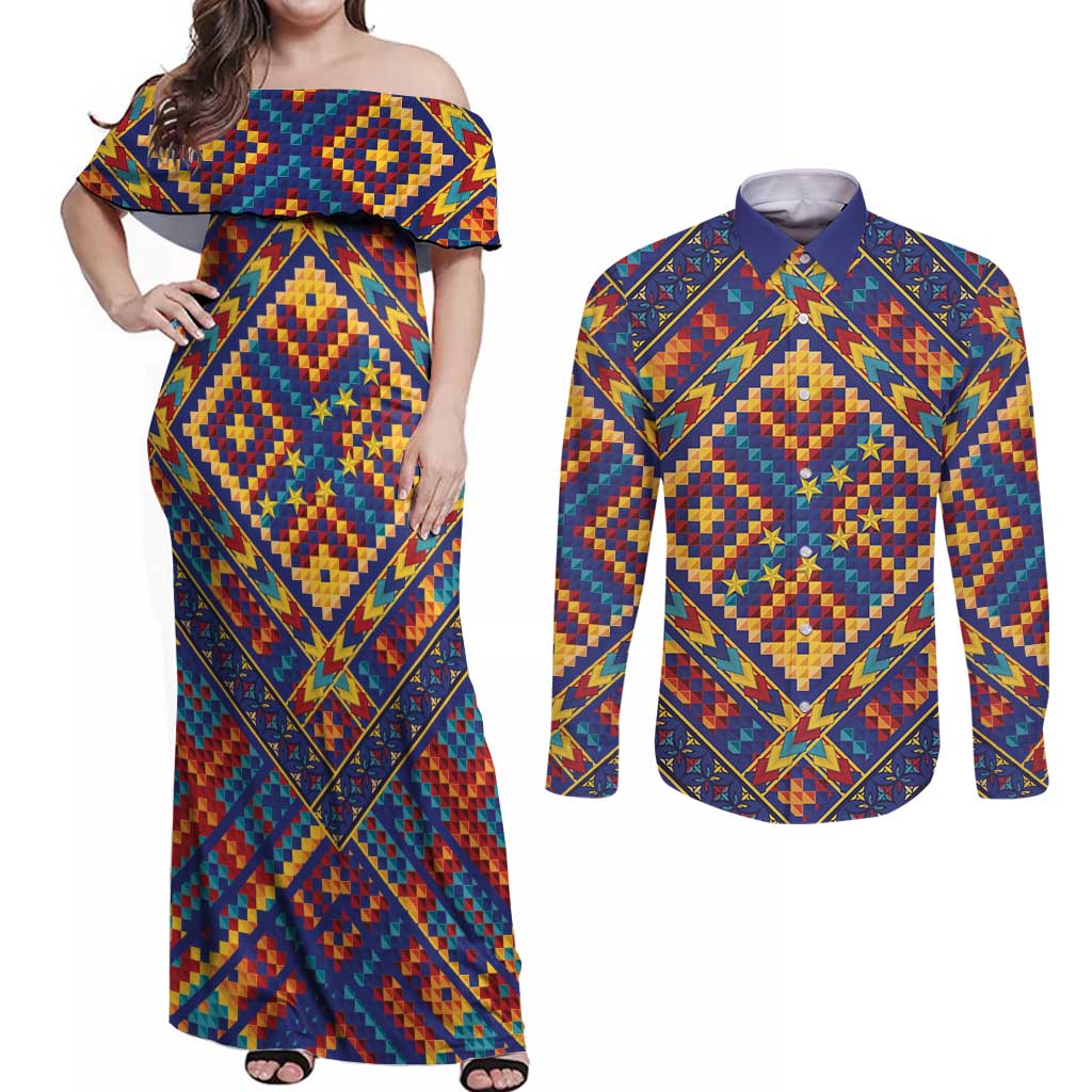Kolose-Tuvalu Crochet Couples Matching Off Shoulder Maxi Dress and Long Sleeve Button Shirt with Polynesian and Pacific Tattoos LT03 Navy - Polynesian Pride