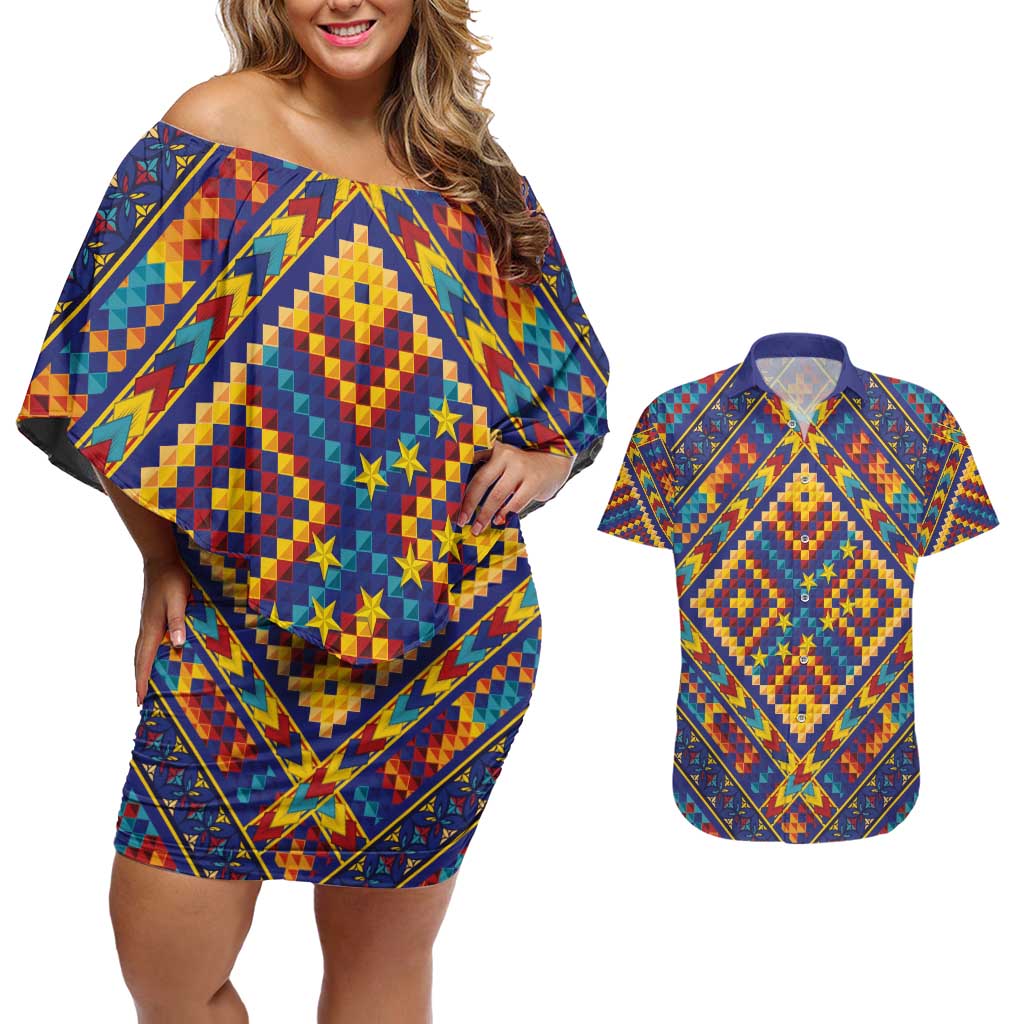 Kolose-Tuvalu Crochet Couples Matching Off Shoulder Short Dress and Hawaiian Shirt with Polynesian and Pacific Tattoos LT03 Navy - Polynesian Pride