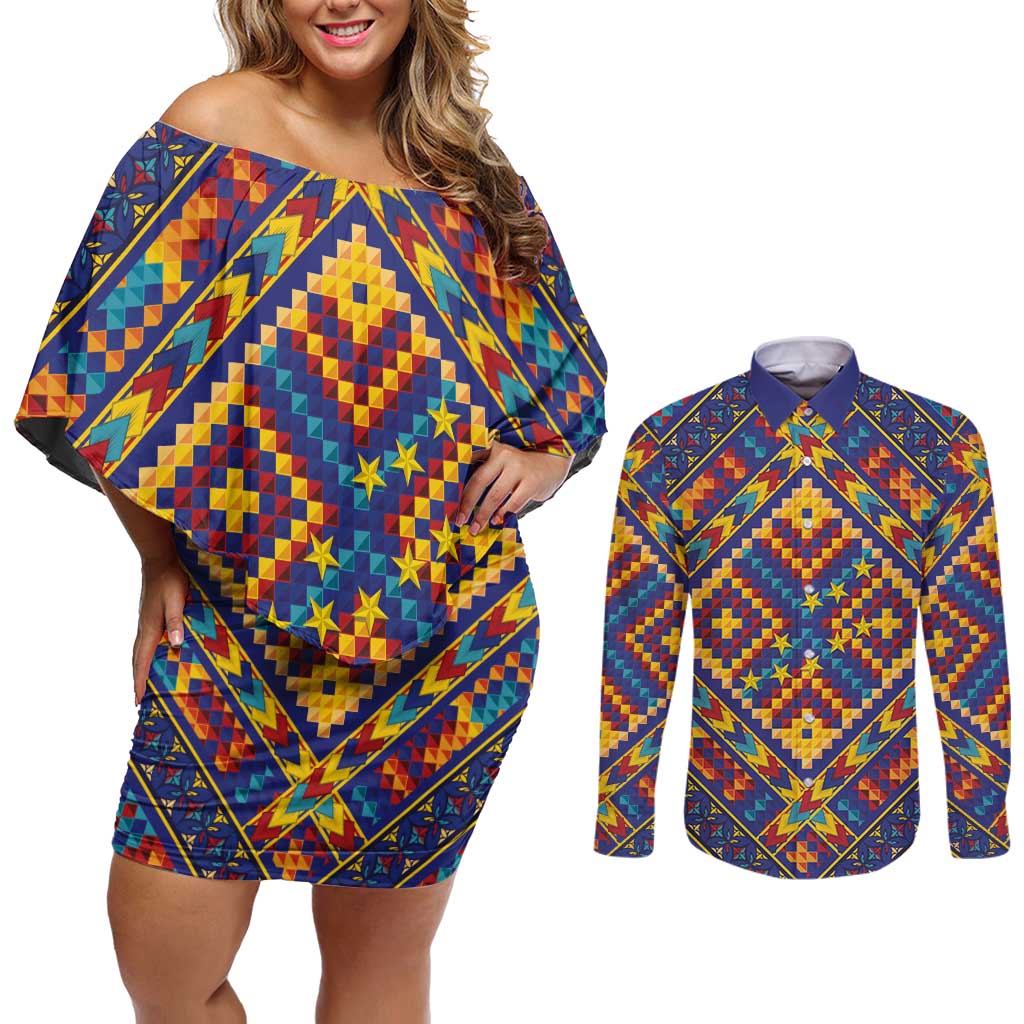 Kolose-Tuvalu Crochet Couples Matching Off Shoulder Short Dress and Long Sleeve Button Shirt with Polynesian and Pacific Tattoos LT03 Navy - Polynesian Pride
