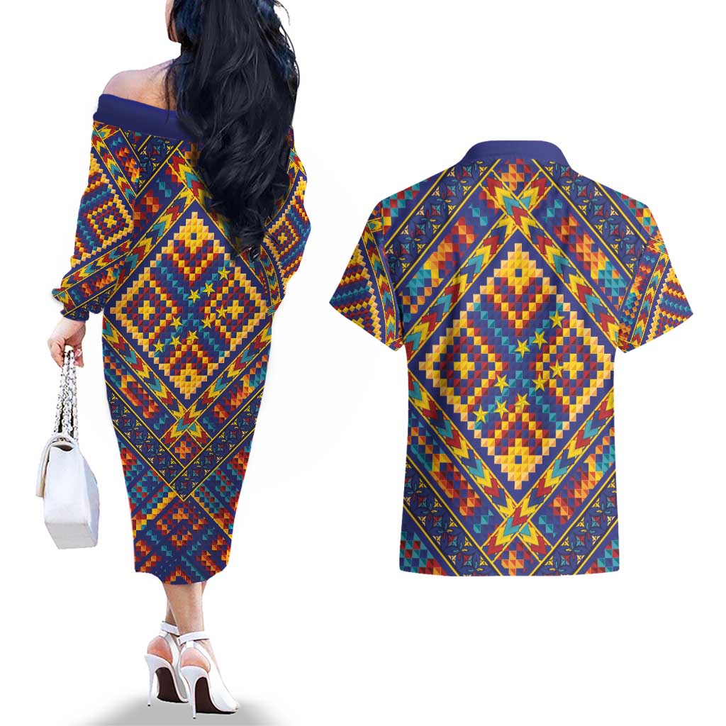 Kolose-Tuvalu Crochet Couples Matching Off The Shoulder Long Sleeve Dress and Hawaiian Shirt with Polynesian and Pacific Tattoos - Polynesian Pride