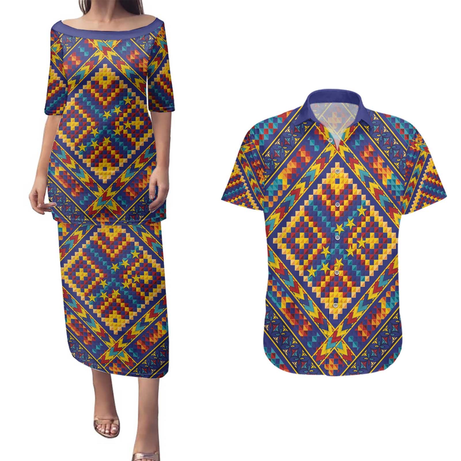 Kolose-Tuvalu Crochet Couples Matching Puletasi and Hawaiian Shirt with Polynesian and Pacific Tattoos LT03 Navy - Polynesian Pride