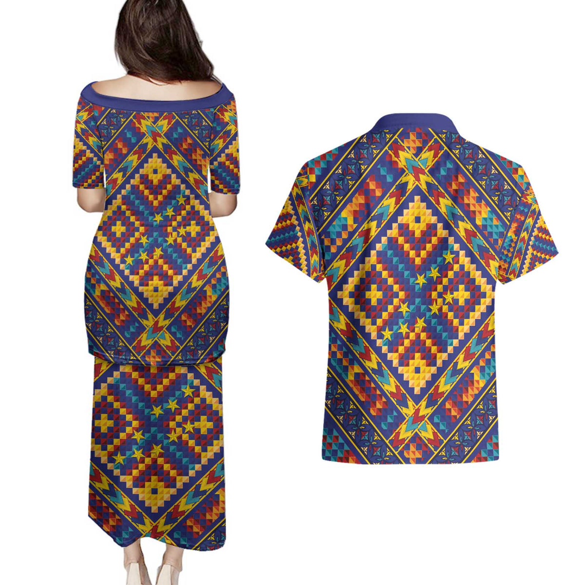 Kolose-Tuvalu Crochet Couples Matching Puletasi and Hawaiian Shirt with Polynesian and Pacific Tattoos LT03 - Polynesian Pride