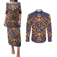Kolose-Tuvalu Crochet Couples Matching Puletasi and Long Sleeve Button Shirt with Polynesian and Pacific Tattoos LT03 Navy - Polynesian Pride