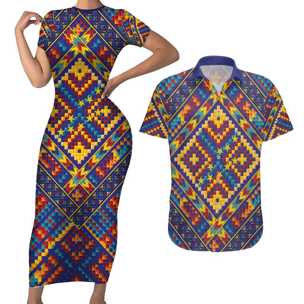 Kolose-Tuvalu Crochet Couples Matching Short Sleeve Bodycon Dress and Hawaiian Shirt with Polynesian and Pacific Tattoos LT03 Navy - Polynesian Pride