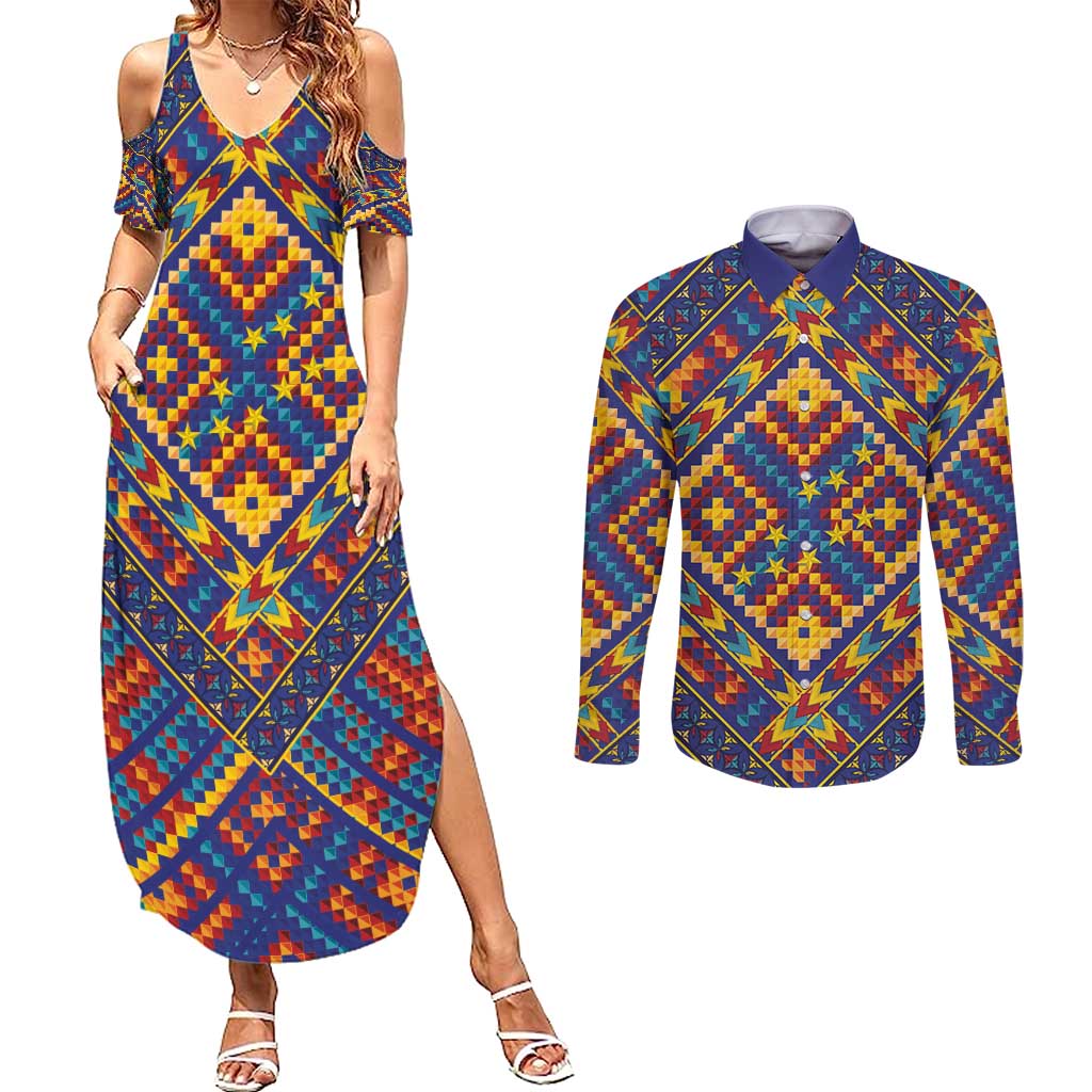 Kolose-Tuvalu Crochet Couples Matching Summer Maxi Dress and Long Sleeve Button Shirt with Polynesian and Pacific Tattoos LT03 Navy - Polynesian Pride