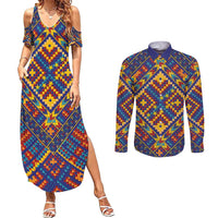 Kolose-Tuvalu Crochet Couples Matching Summer Maxi Dress and Long Sleeve Button Shirt with Polynesian and Pacific Tattoos LT03 Navy - Polynesian Pride