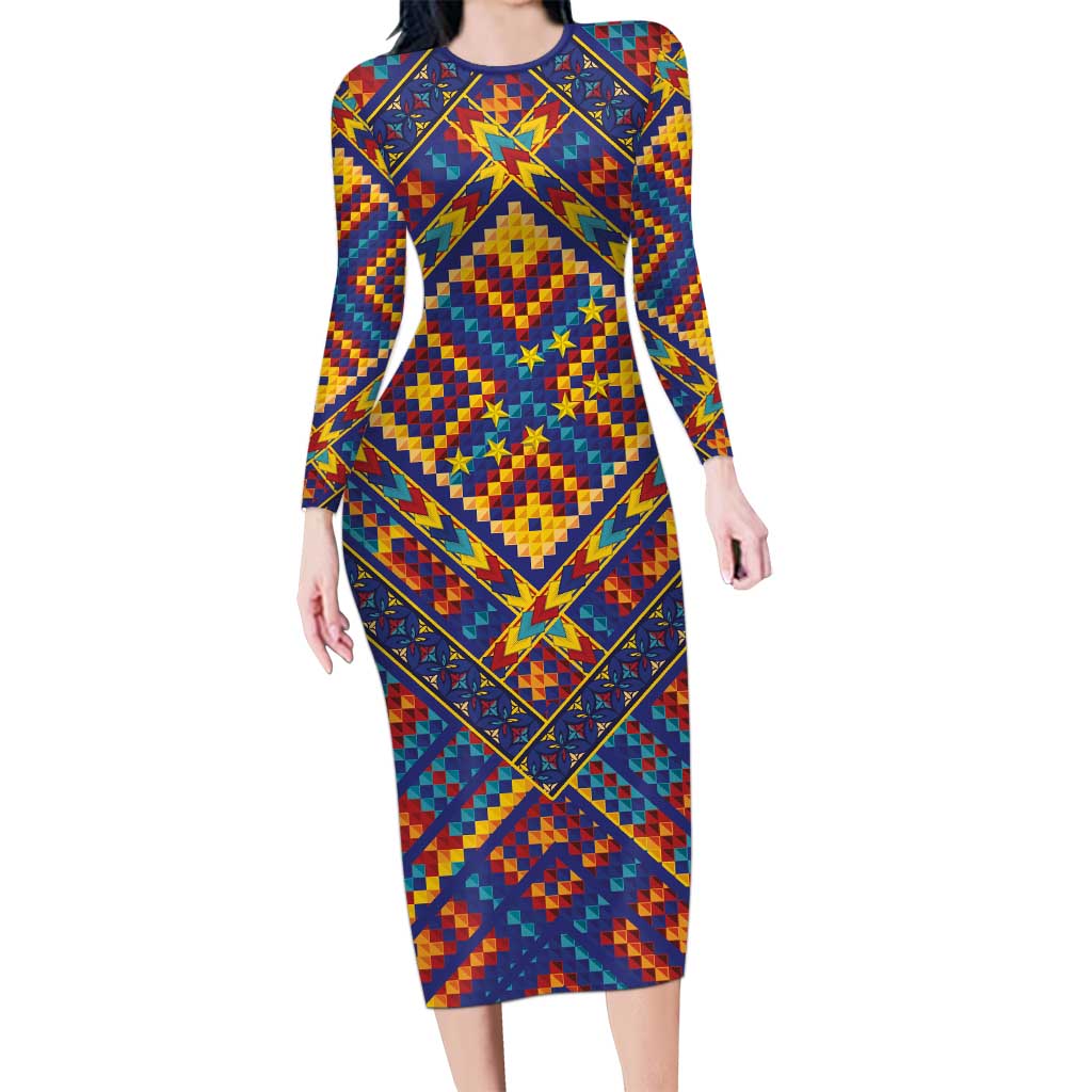 Kolose-Tuvalu Crochet Family Matching Long Sleeve Bodycon Dress and Hawaiian Shirt with Polynesian and Pacific Tattoos LT03 Mom's Dress Navy - Polynesian Pride