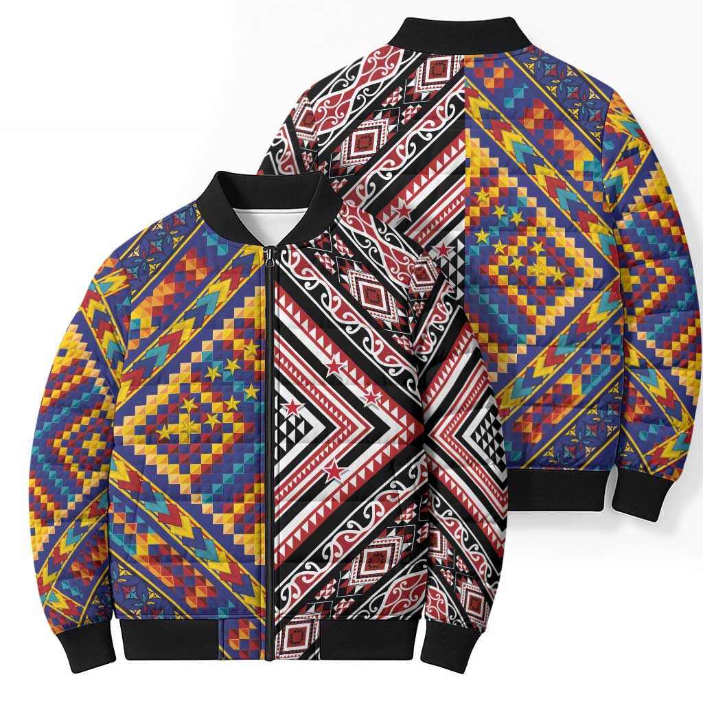 Tuvaluan and New Zealand Culture Bomber Puffer Jacket The Art of Kolose and Taniko - Polynesian Pride