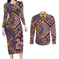 Tuvaluan and New Zealand Culture Couples Matching Long Sleeve Bodycon Dress and Long Sleeve Button Shirt The Art of Kolose and Taniko - Polynesian Pride