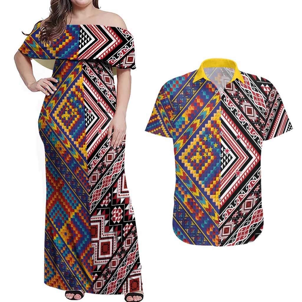 Tuvaluan and New Zealand Culture Couples Matching Off Shoulder Maxi Dress and Hawaiian Shirt The Art of Kolose and Taniko - Polynesian Pride