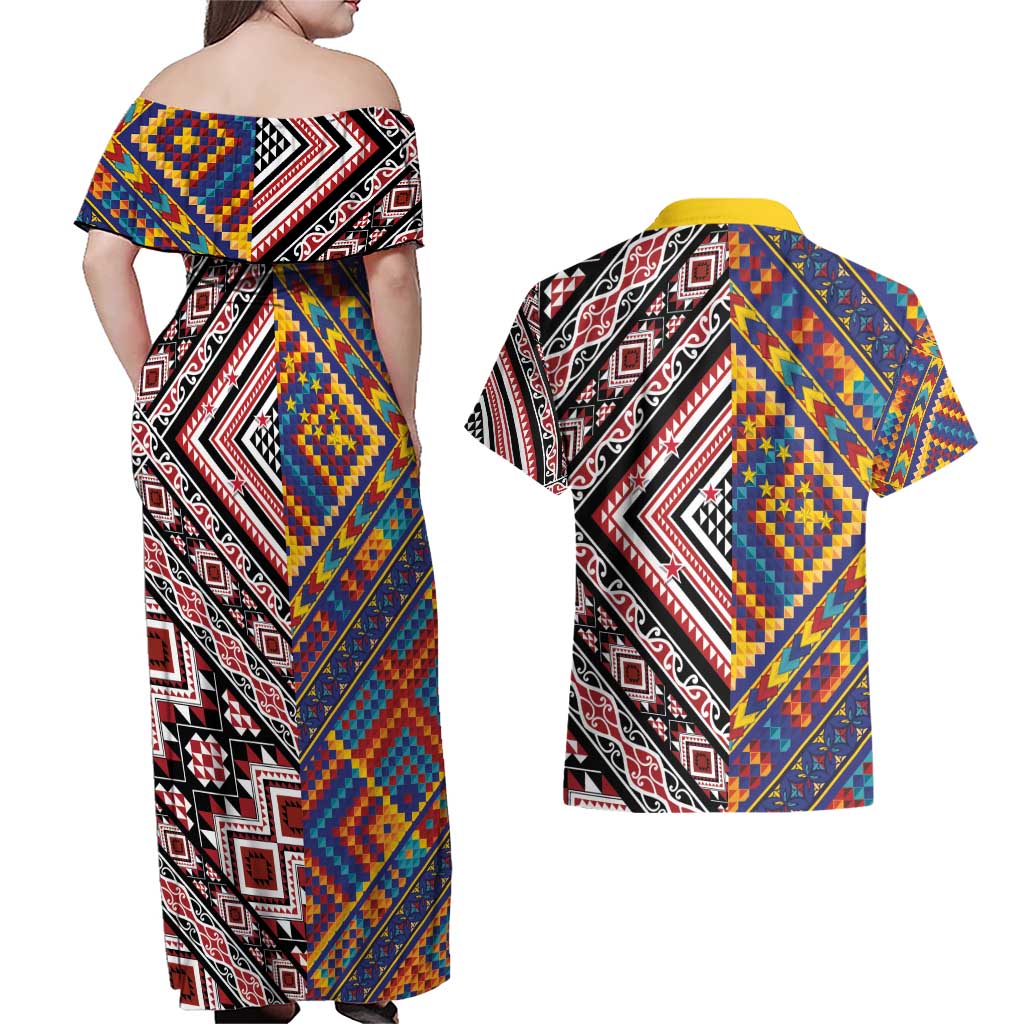 Tuvaluan and New Zealand Culture Couples Matching Off Shoulder Maxi Dress and Hawaiian Shirt The Art of Kolose and Taniko - Polynesian Pride