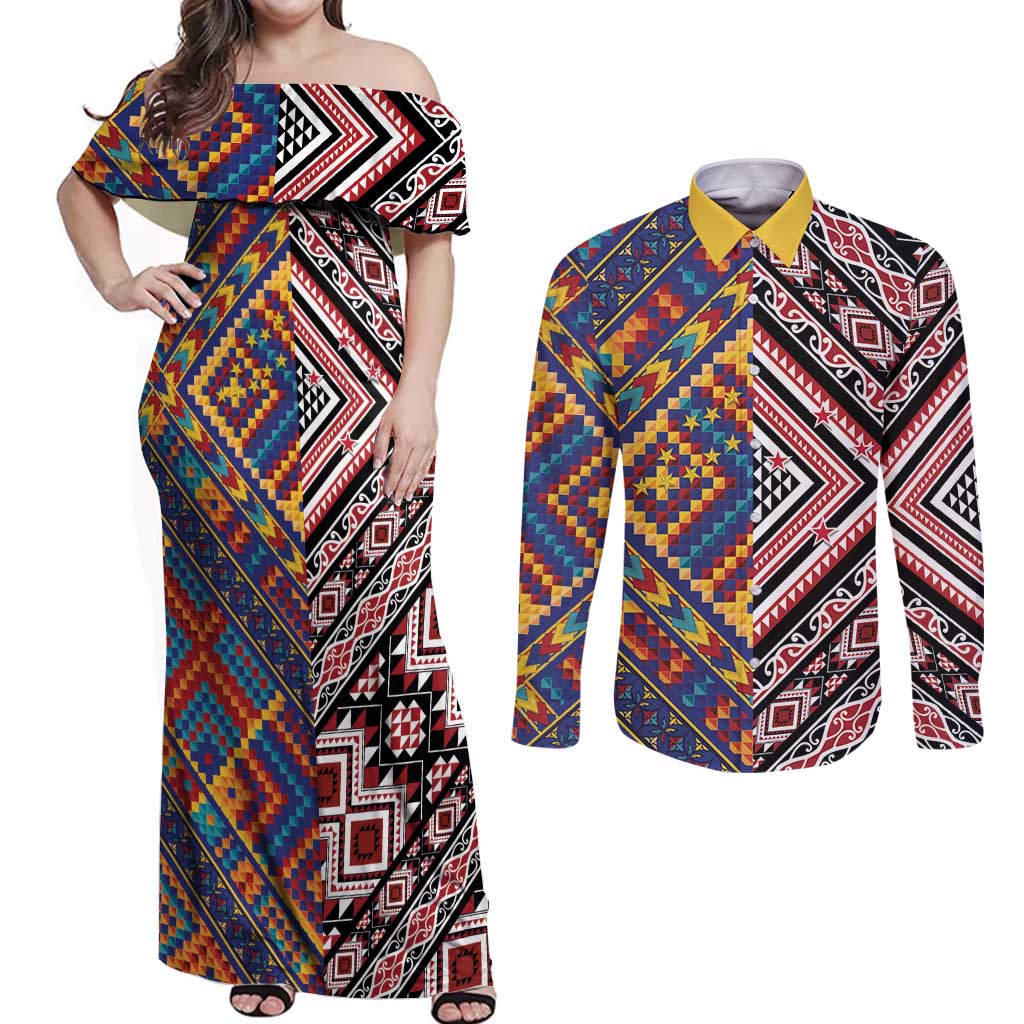 Tuvaluan and New Zealand Culture Couples Matching Off Shoulder Maxi Dress and Long Sleeve Button Shirt The Art of Kolose and Taniko - Polynesian Pride