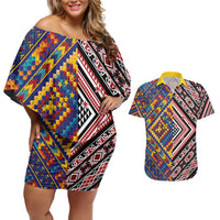 Tuvaluan and New Zealand Culture Couples Matching Off Shoulder Short Dress and Hawaiian Shirt The Art of Kolose and Taniko - Polynesian Pride