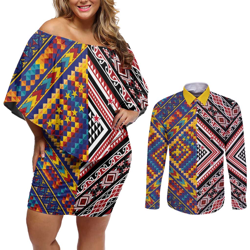 Tuvaluan and New Zealand Culture Couples Matching Off Shoulder Short Dress and Long Sleeve Button Shirt The Art of Kolose and Taniko - Polynesian Pride