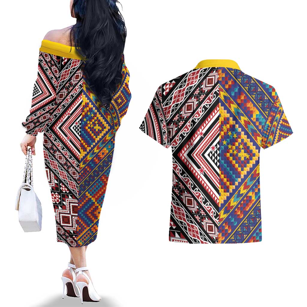 Tuvaluan and New Zealand Culture Couples Matching Off The Shoulder Long Sleeve Dress and Hawaiian Shirt The Art of Kolose and Taniko - Polynesian Pride