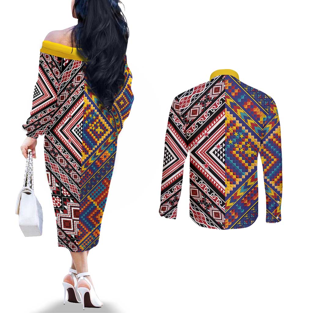 Tuvaluan and New Zealand Culture Couples Matching Off The Shoulder Long Sleeve Dress and Long Sleeve Button Shirt The Art of Kolose and Taniko - Polynesian Pride