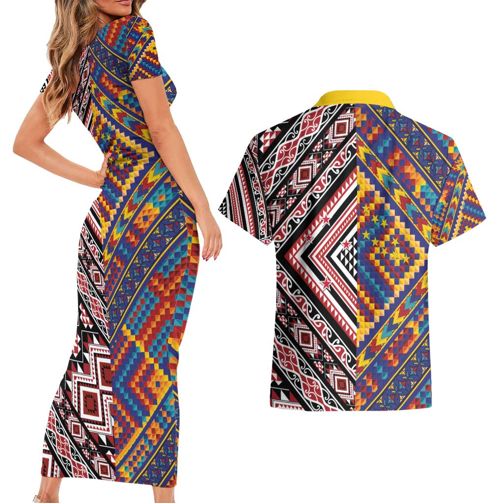Tuvaluan and New Zealand Culture Couples Matching Short Sleeve Bodycon Dress and Hawaiian Shirt The Art of Kolose and Taniko - Polynesian Pride