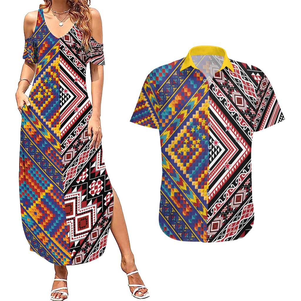 Tuvaluan and New Zealand Culture Couples Matching Summer Maxi Dress and Hawaiian Shirt The Art of Kolose and Taniko - Polynesian Pride