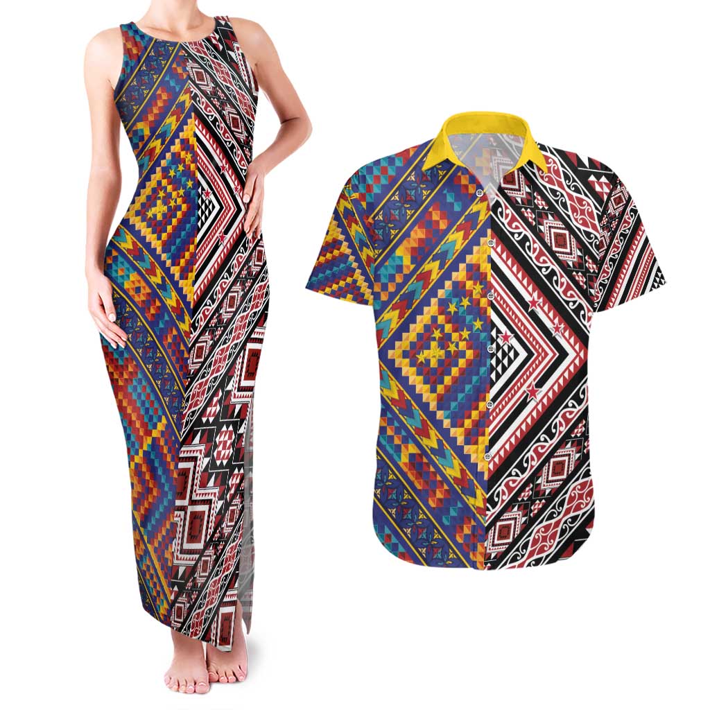 Tuvaluan and New Zealand Culture Couples Matching Tank Maxi Dress and Hawaiian Shirt The Art of Kolose and Taniko - Polynesian Pride