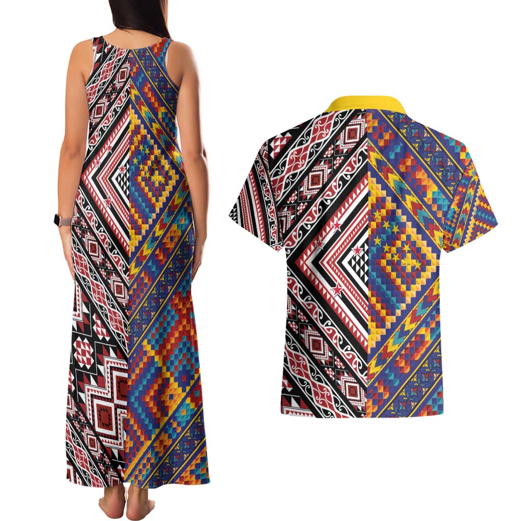Tuvaluan and New Zealand Culture Couples Matching Tank Maxi Dress and Hawaiian Shirt The Art of Kolose and Taniko - Polynesian Pride