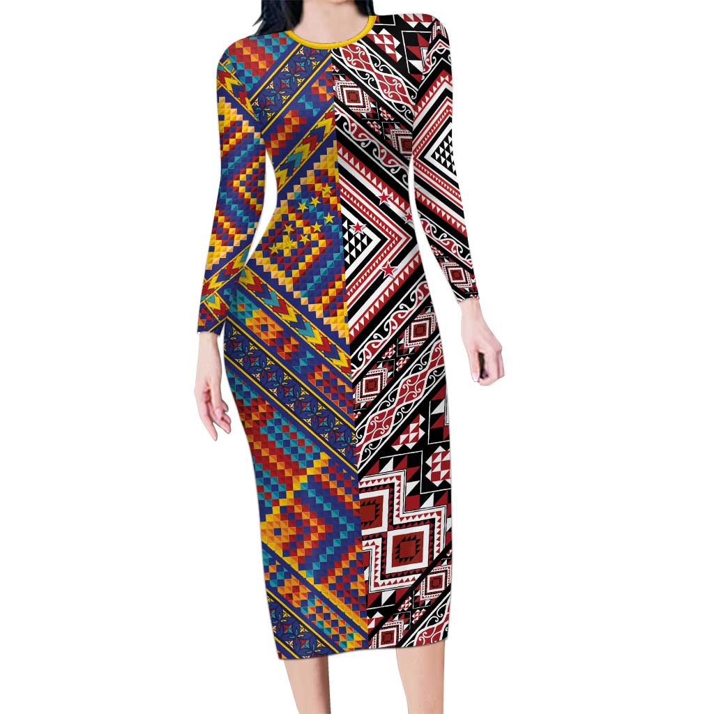 Tuvaluan and New Zealand Culture Family Matching Long Sleeve Bodycon Dress and Hawaiian Shirt The Art of Kolose and Taniko - Polynesian Pride