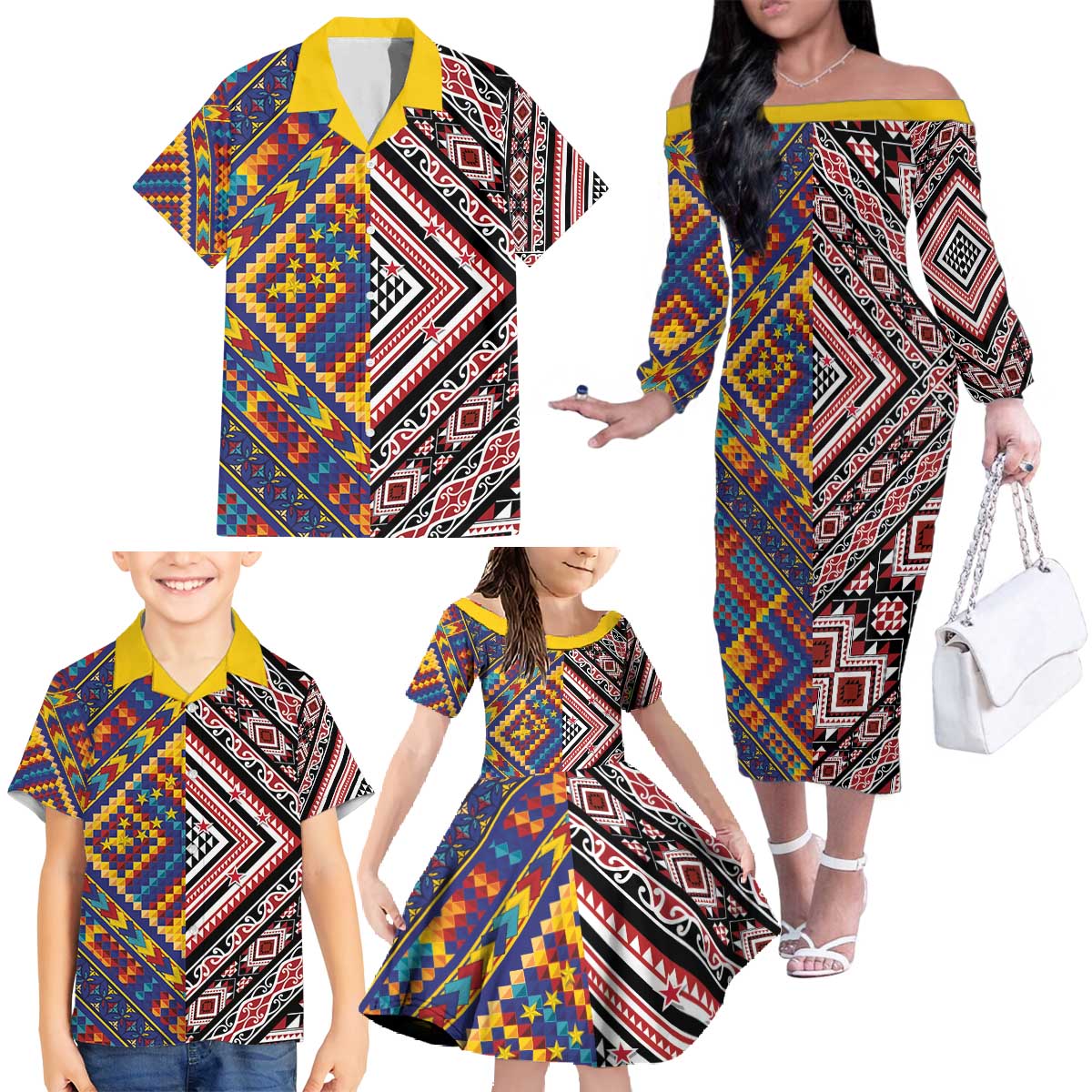 Tuvaluan and New Zealand Culture Family Matching Off The Shoulder Long Sleeve Dress and Hawaiian Shirt The Art of Kolose and Taniko - Polynesian Pride