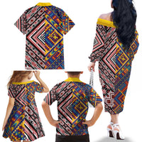 Tuvaluan and New Zealand Culture Family Matching Off The Shoulder Long Sleeve Dress and Hawaiian Shirt The Art of Kolose and Taniko - Polynesian Pride
