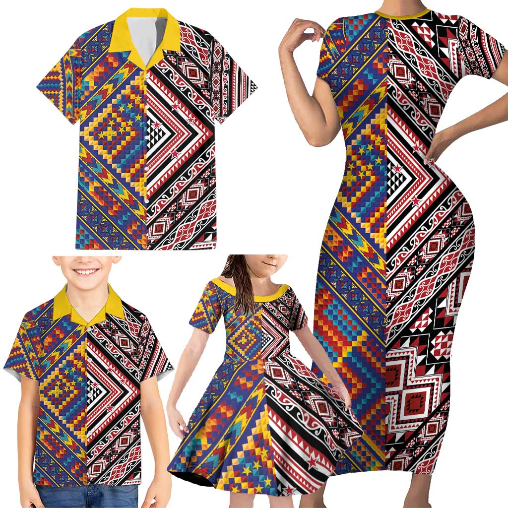 Tuvaluan and New Zealand Culture Family Matching Short Sleeve Bodycon Dress and Hawaiian Shirt The Art of Kolose and Taniko - Polynesian Pride