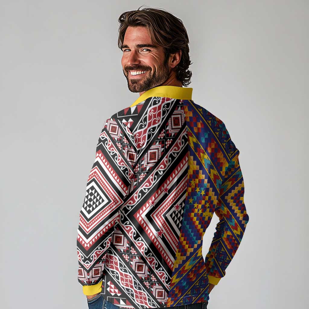 Tuvaluan and New Zealand Culture Long Sleeve Polo Shirt The Art of Kolose and Taniko - Polynesian Pride