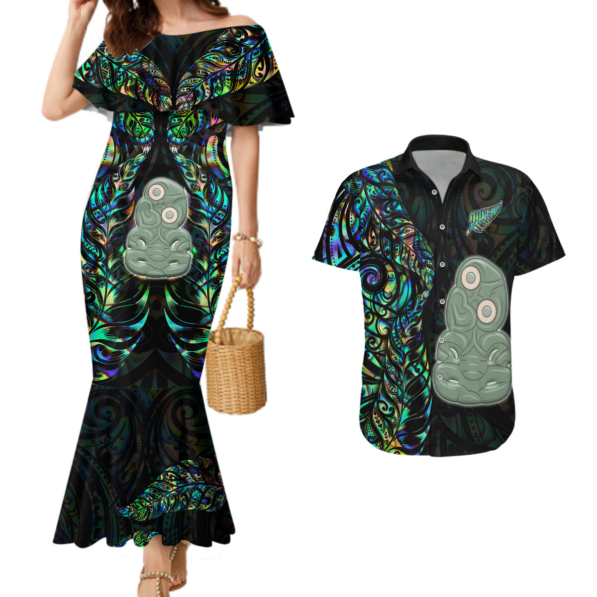 New Zealand Couples Matching Mermaid Dress and Hawaiian Shirt Silver Fern and Hei Tiki with Papua Shell Maori Tribal LT03 Black - Polynesian Pride