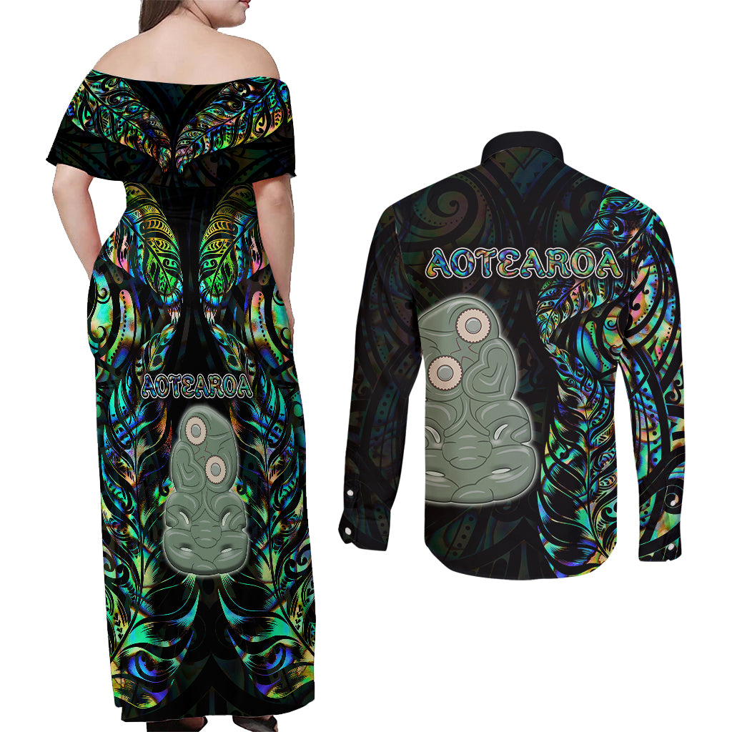 New Zealand Couples Matching Off Shoulder Maxi Dress and Long Sleeve Button Shirts Silver Fern and Hei Tiki with Papua Shell Maori Tribal LT03 - Polynesian Pride