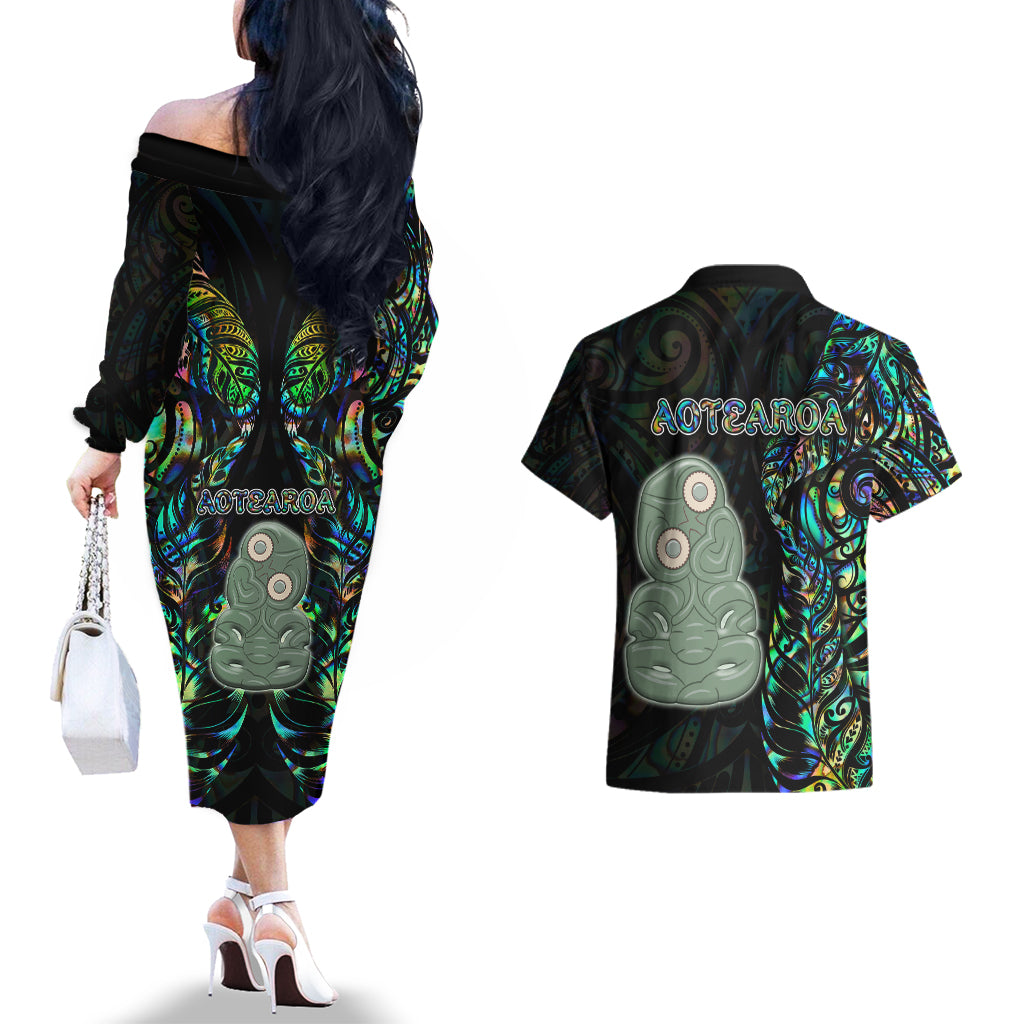 New Zealand Couples Matching Off The Shoulder Long Sleeve Dress and Hawaiian Shirt Silver Fern and Hei Tiki with Papua Shell Maori Tribal LT03 - Polynesian Pride