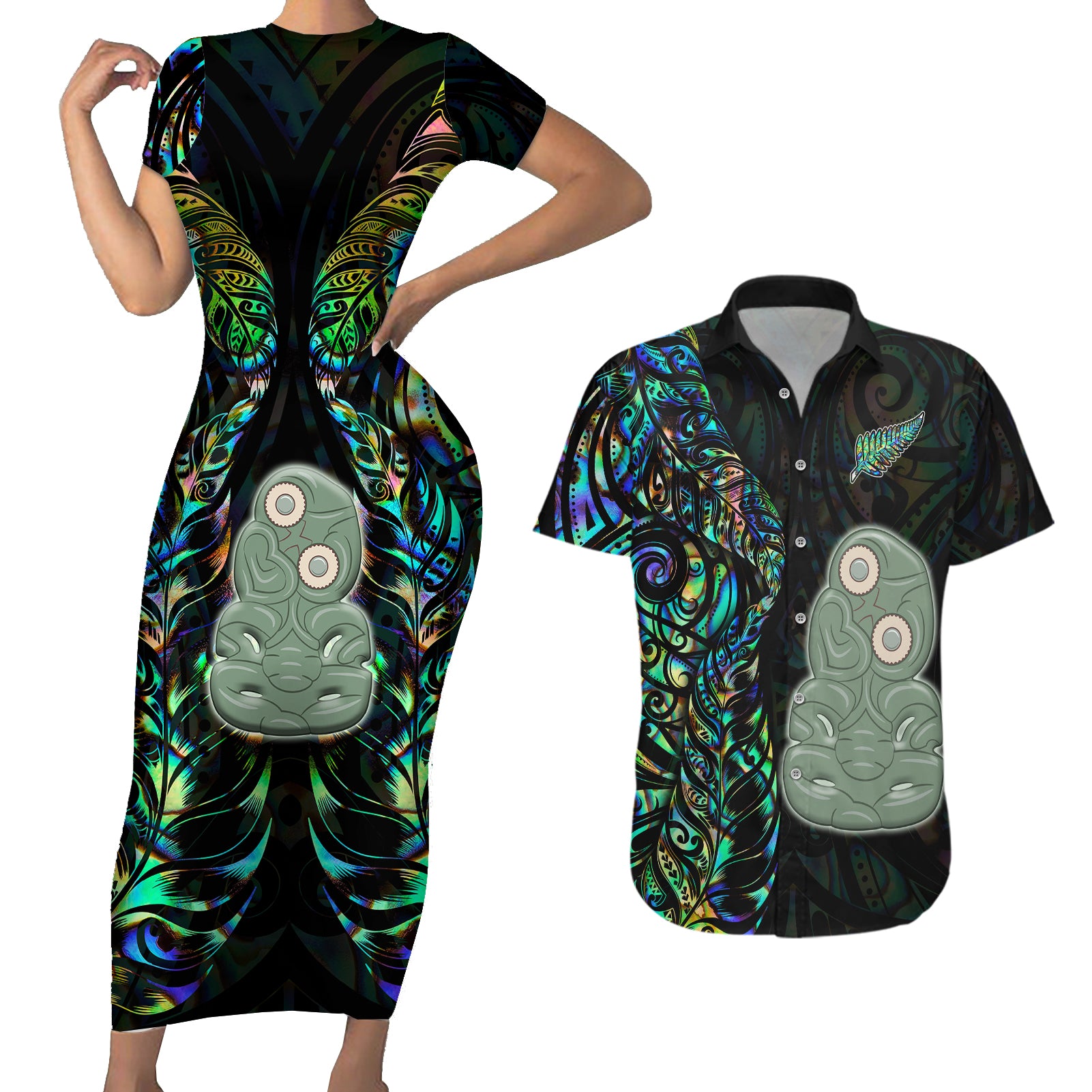 New Zealand Couples Matching Short Sleeve Bodycon Dress and Hawaiian Shirt Silver Fern and Hei Tiki with Papua Shell Maori Tribal LT03 Black - Polynesian Pride