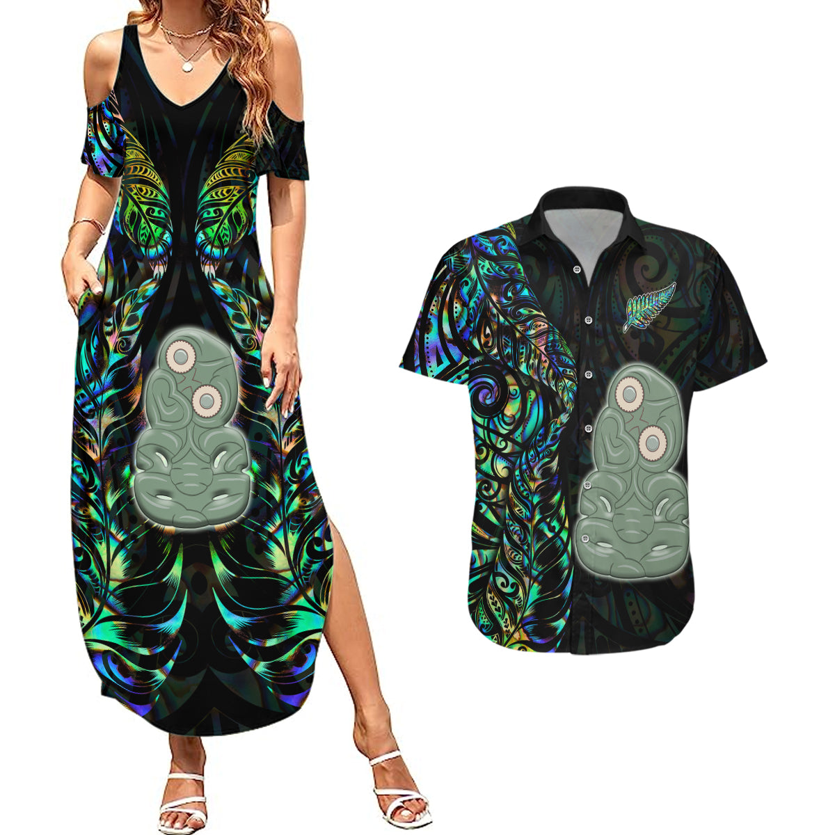 New Zealand Couples Matching Summer Maxi Dress and Hawaiian Shirt Silver Fern and Hei Tiki with Papua Shell Maori Tribal LT03 Black - Polynesian Pride