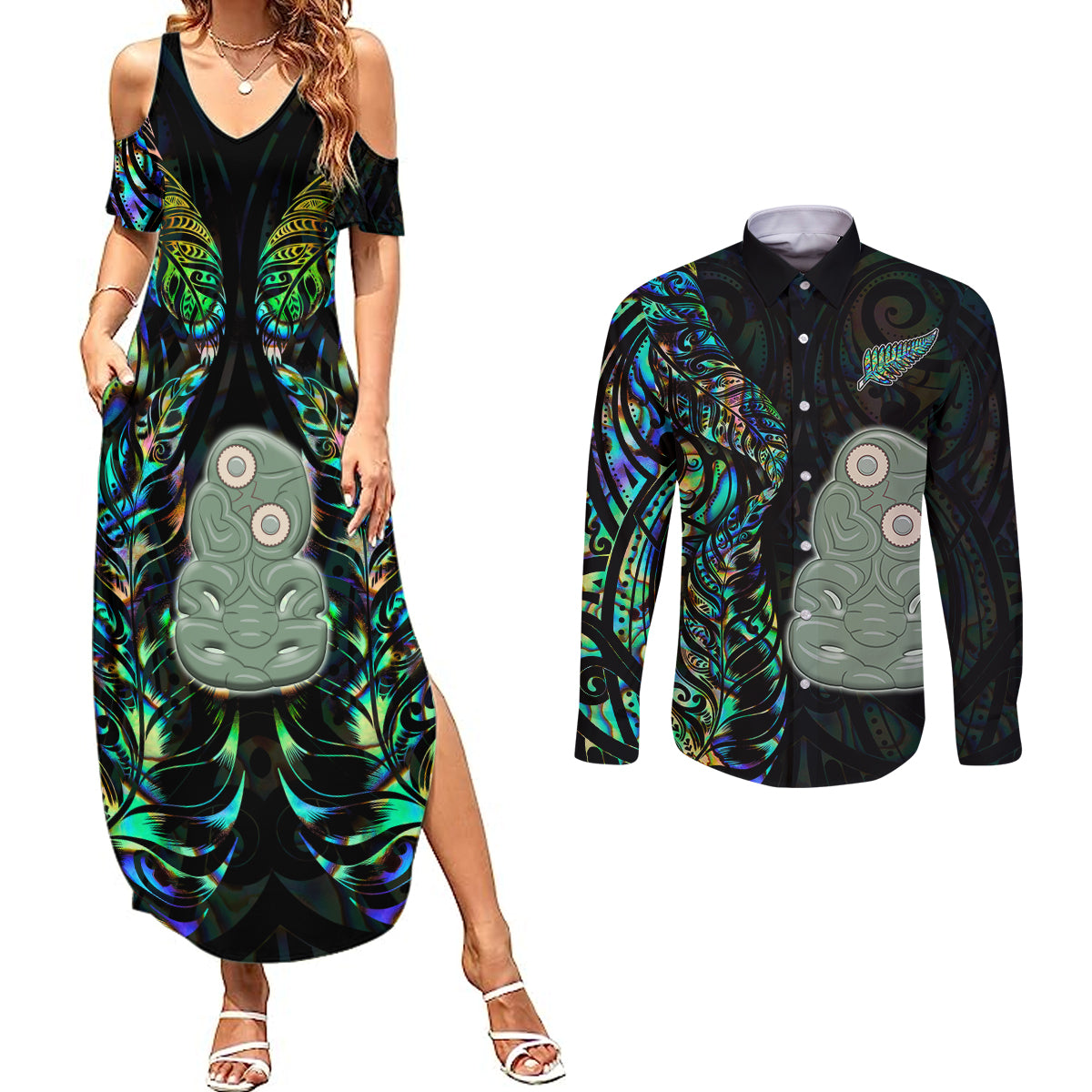 New Zealand Couples Matching Summer Maxi Dress and Long Sleeve Button Shirts Silver Fern and Hei Tiki with Papua Shell Maori Tribal LT03 Black - Polynesian Pride