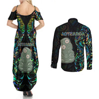 New Zealand Couples Matching Summer Maxi Dress and Long Sleeve Button Shirts Silver Fern and Hei Tiki with Papua Shell Maori Tribal LT03 - Polynesian Pride