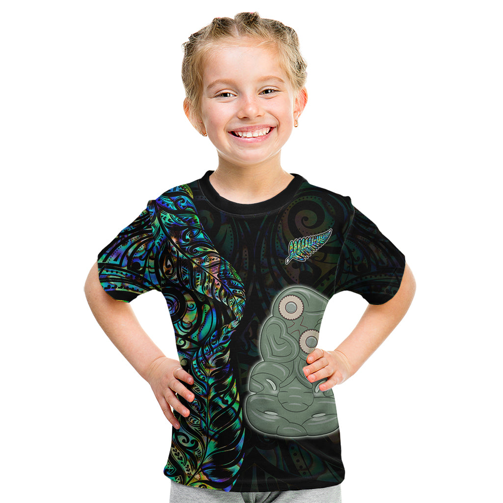 New Zealand Kid T Shirt Silver Fern and Hei Tiki with Papua Shell Maori Tribal LT03 Black - Polynesian Pride