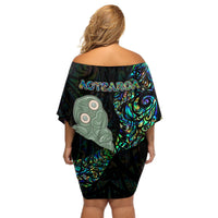 New Zealand Off Shoulder Short Dress Silver Fern and Hei Tiki with Papua Shell Maori Tribal LT03 - Polynesian Pride