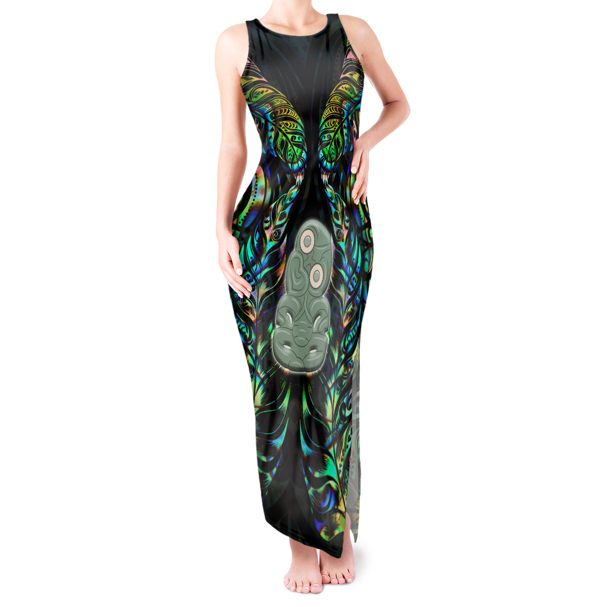 New Zealand Tank Maxi Dress Silver Fern and Hei Tiki with Papua Shell Maori Tribal LT03 Women Black - Polynesian Pride