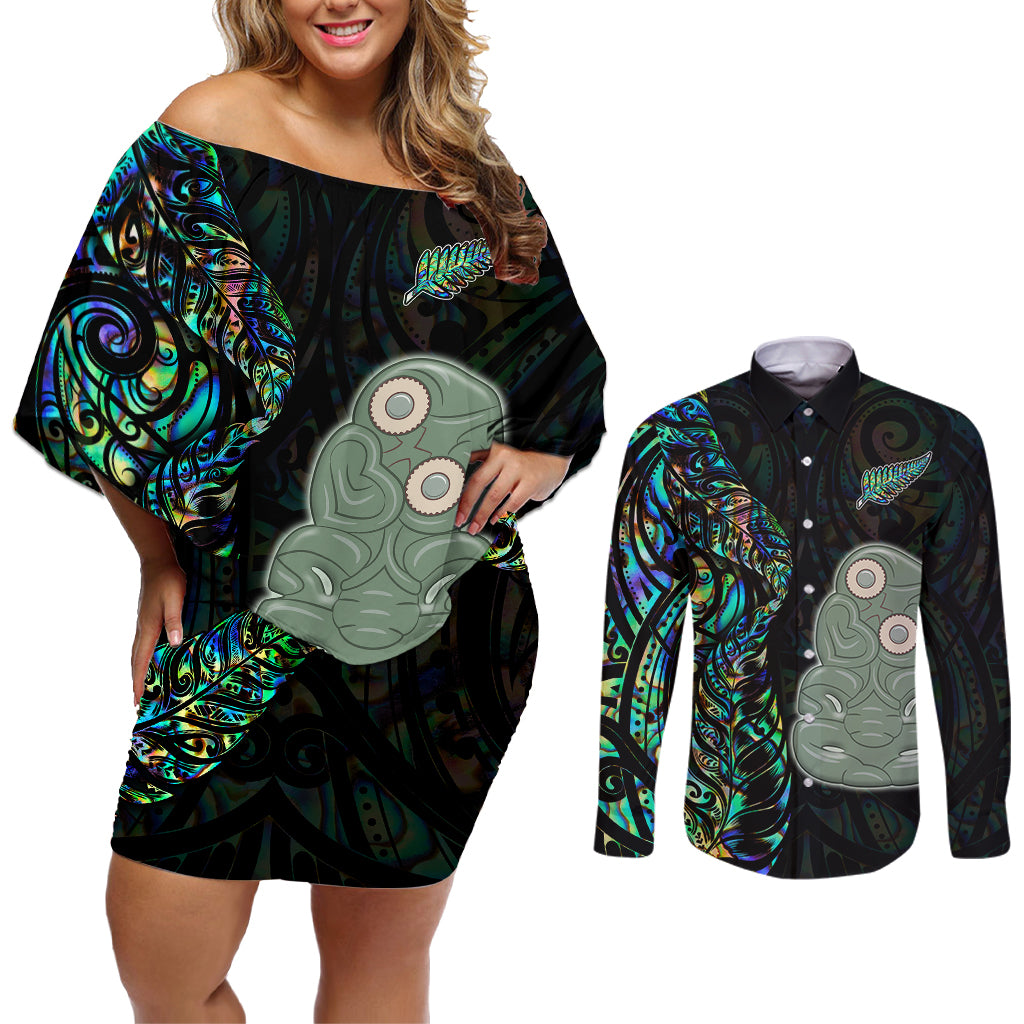 Custom New Zealand Couples Matching Off Shoulder Short Dress and Long Sleeve Button Shirts Silver Fern and Hei Tiki with Papua Shell Maori Tribal LT03 Black - Polynesian Pride