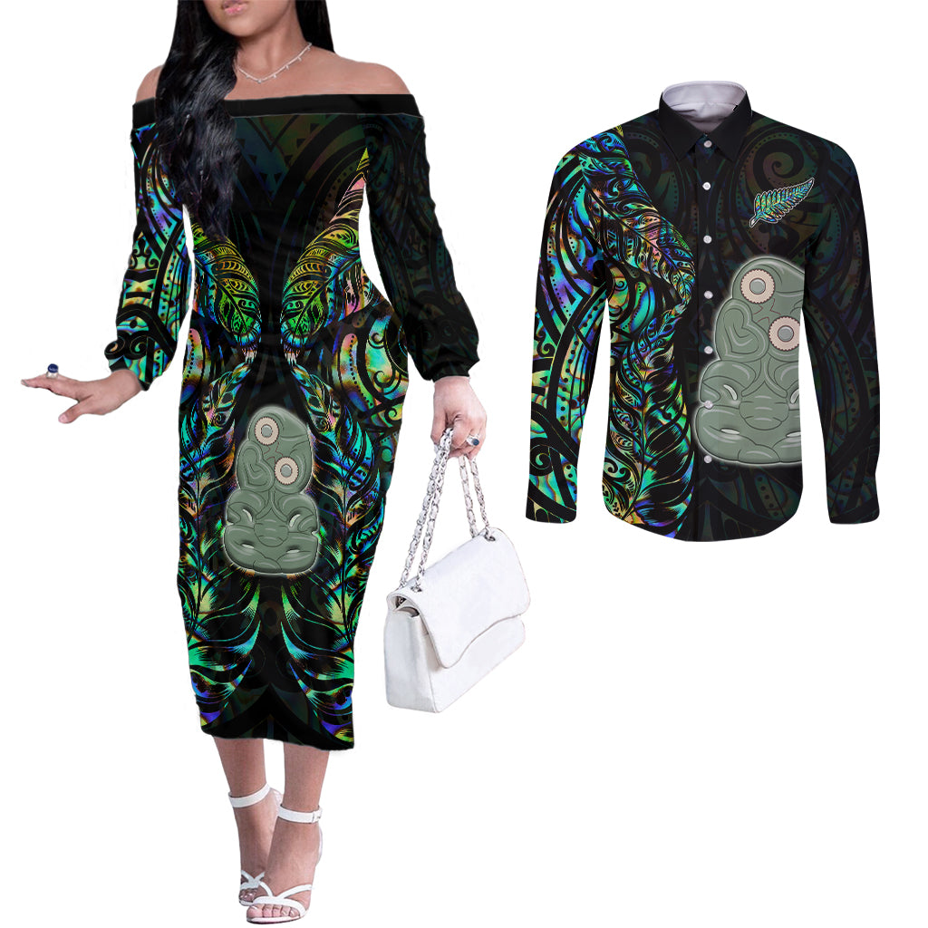 Custom New Zealand Couples Matching Off The Shoulder Long Sleeve Dress and Long Sleeve Button Shirts Silver Fern and Hei Tiki with Papua Shell Maori Tribal LT03 Black - Polynesian Pride