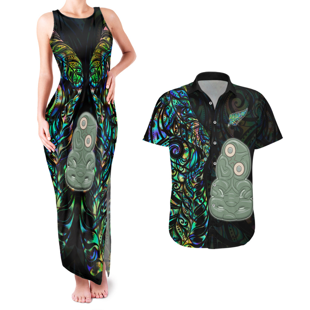 Custom New Zealand Couples Matching Tank Maxi Dress and Hawaiian Shirt Silver Fern and Hei Tiki with Papua Shell Maori Tribal LT03 Black - Polynesian Pride