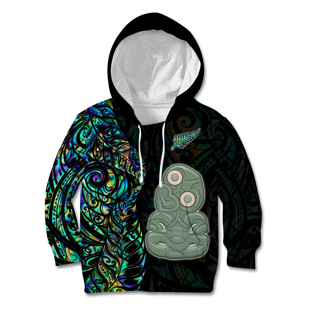 Custom New Zealand Kid Hoodie Silver Fern and Hei Tiki with Papua Shell Maori Tribal LT03 Black - Polynesian Pride