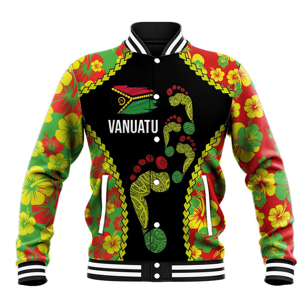 Personalised Vanuatu Running Baseball Jacket Footprint and Hibiscus Polynesian Style LT03 Unisex Black - Polynesian Pride