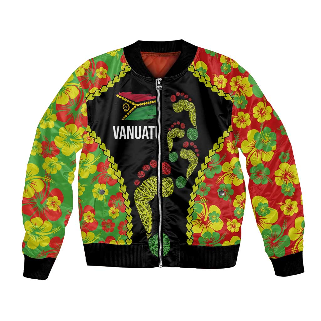 Personalised Vanuatu Running Bomber Jacket Footprint and Hibiscus Polynesian Style